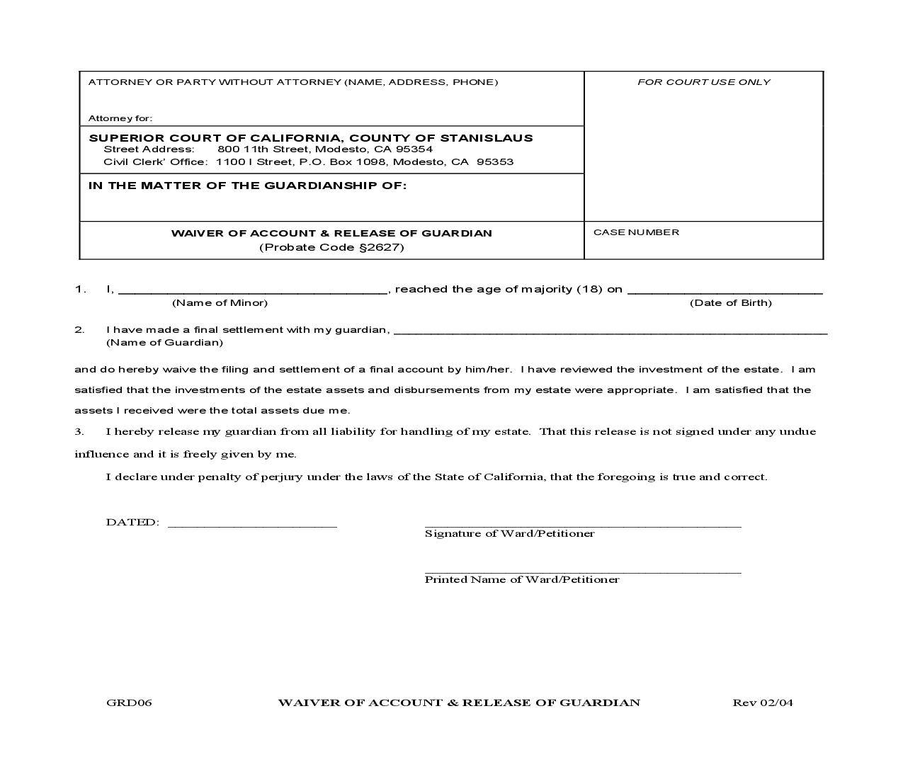 Waiver Of Account And Release Of Guardian {GRD006} | Pdf Fpdf Doc Docx | California