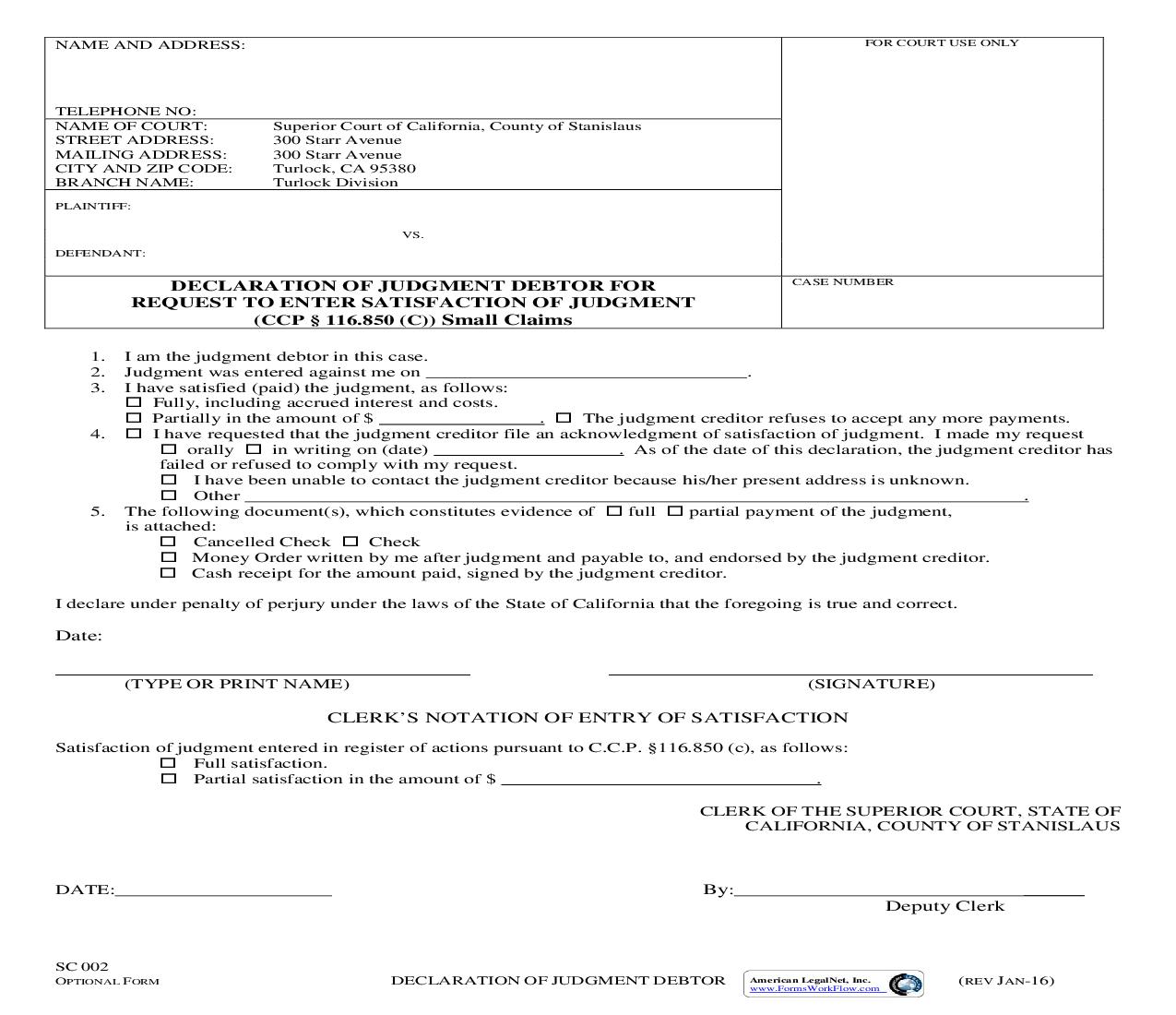 Declaration Of Judgment Debtor {SC 002} | Pdf Fpdf Doc Docx | California