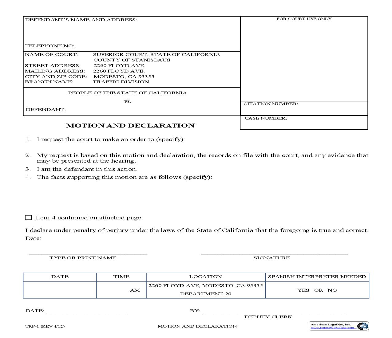 Motion And Declaration {TRF-1} | Pdf Fpdf Doc Docx | California
