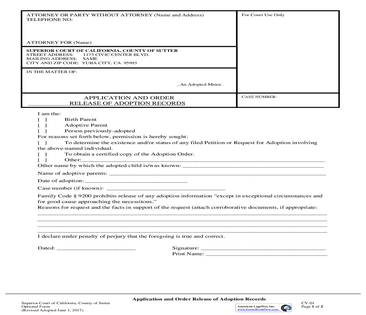 Application And Order Re Release Of Adoption Records {CV-01} | Pdf Fpdf Doc Docx | California