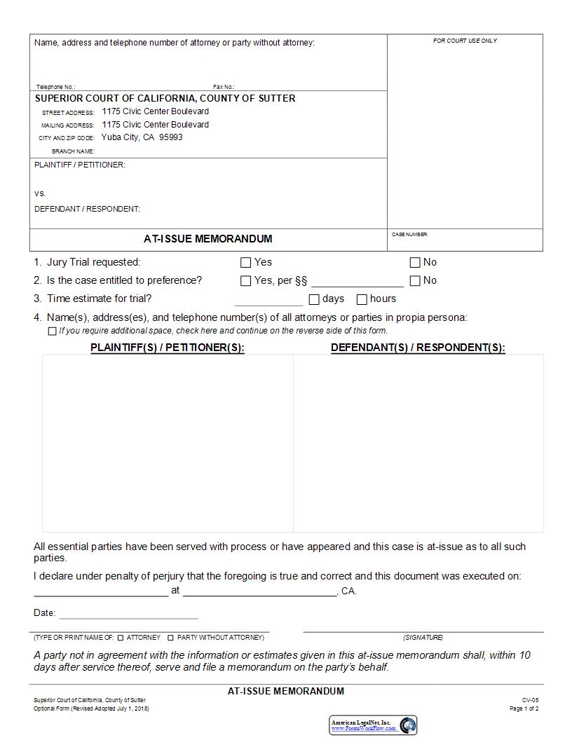 At Issue Memorandum {CV-05} | Pdf Fpdf Docx | California