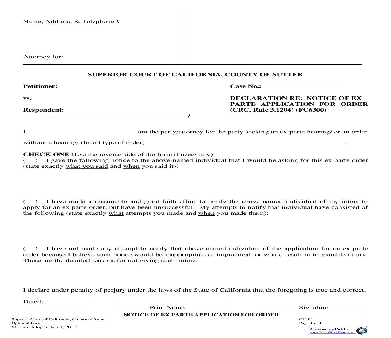 Ex Parte Declaration Of Notice (Declaration Re Notice Of Ex Parte Application) {CV-02} | Pdf Fpdf Doc Docx | California
