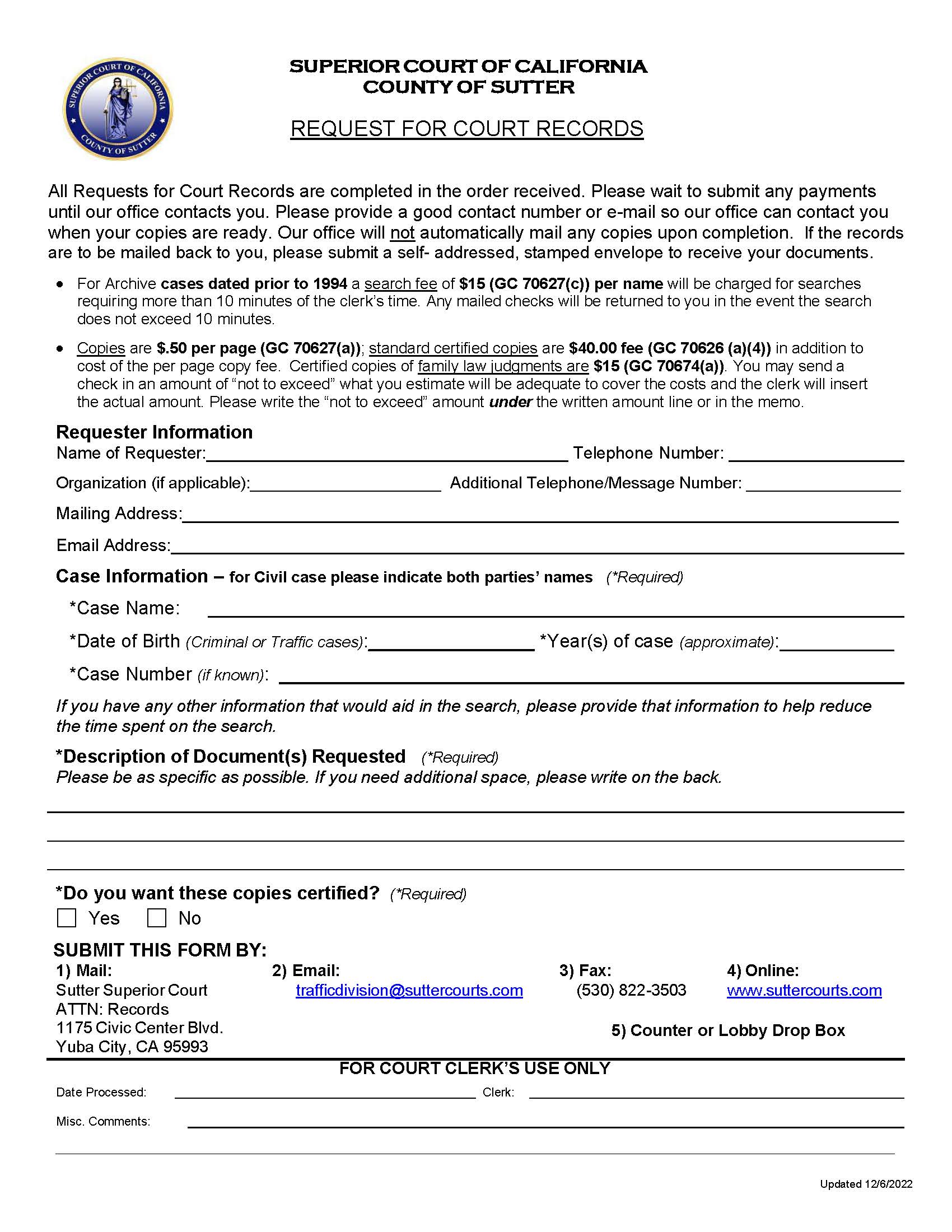 Request For Superior Court Records (Criminal) | Pdf Fpdf Docx | California