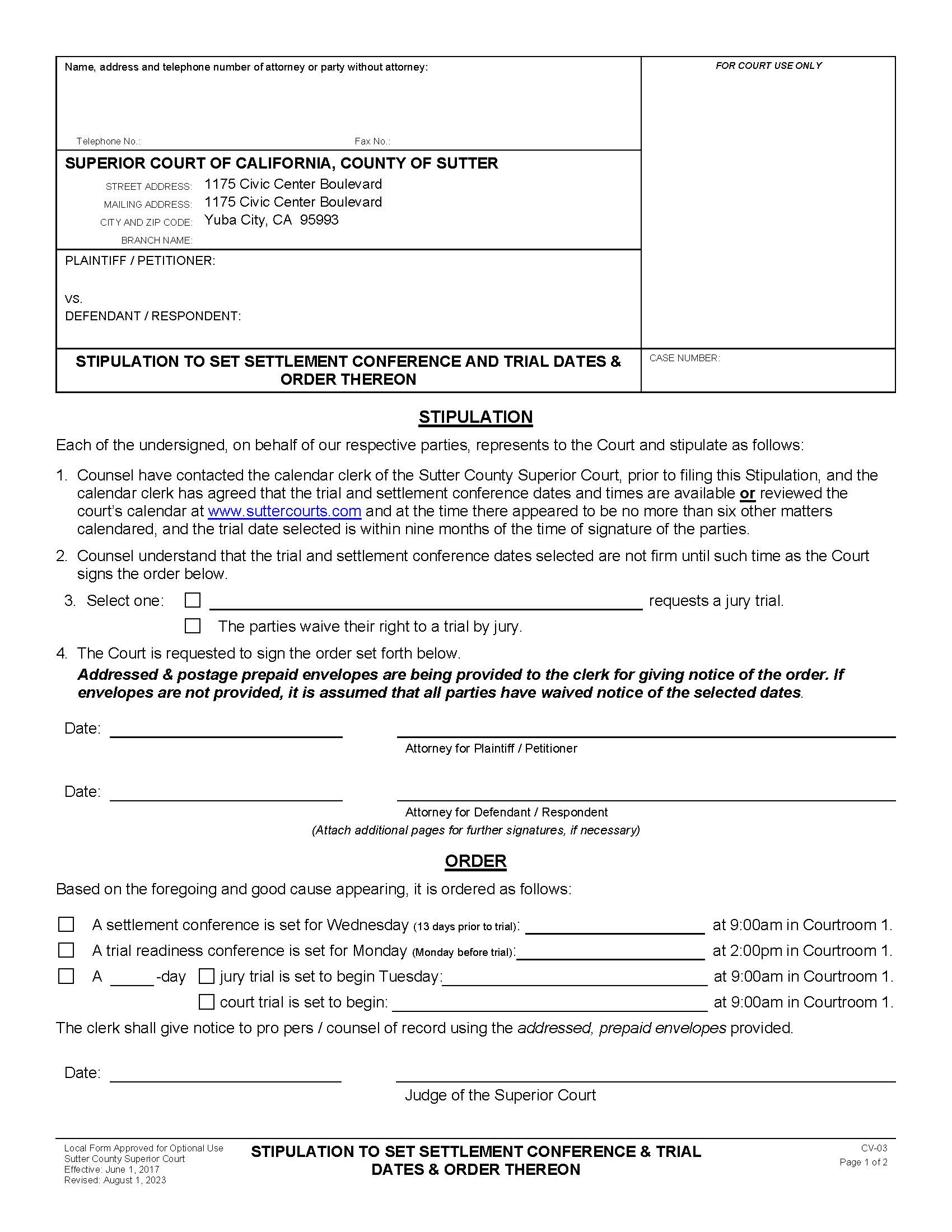 Stipulation To Set Settlement Conference And Trial Dates And Order Thereon {CV-03} | Pdf Fpdf Doc Docx | California