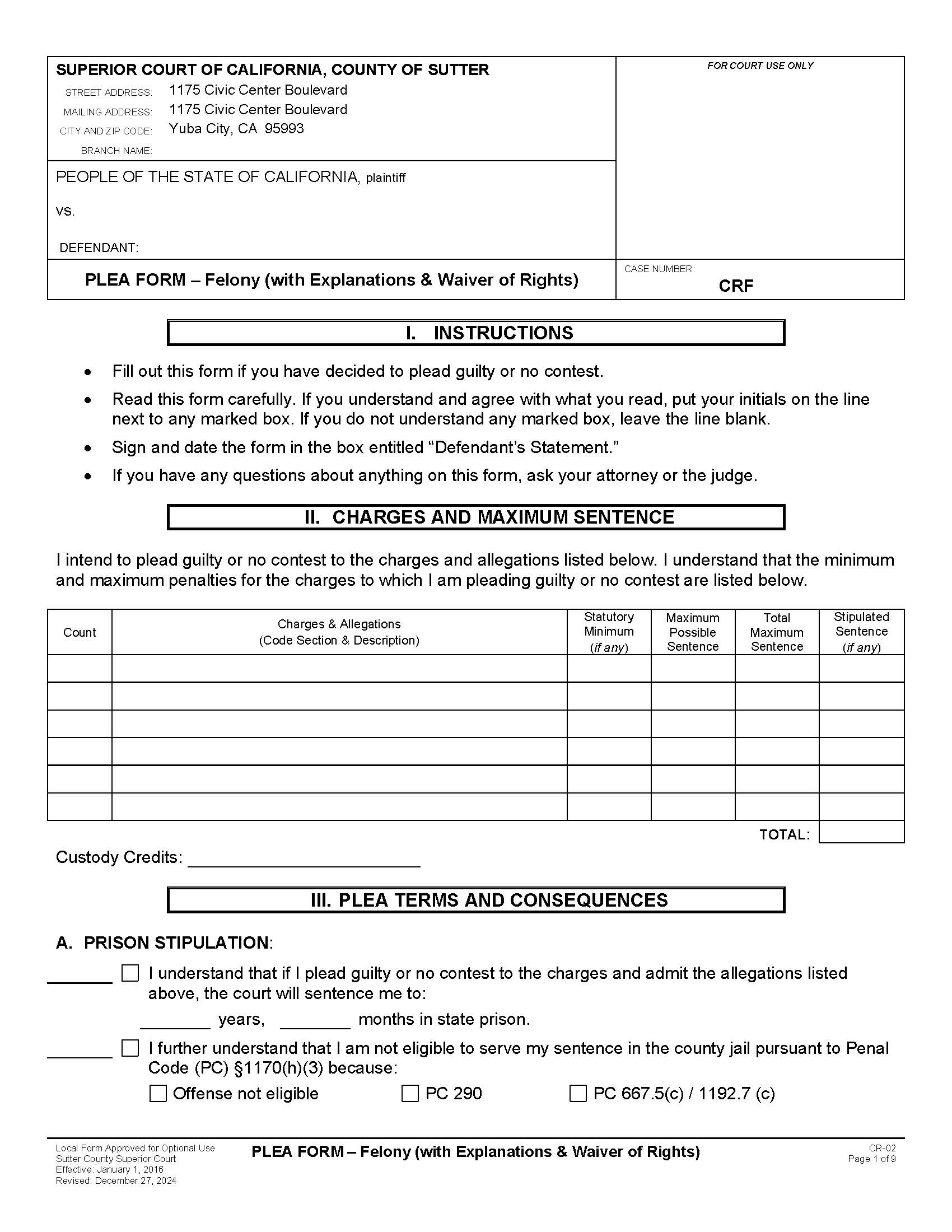 Felony Plea Form (With Explanations And Waiver Of Rights) {CR-02} | Pdf Fpdf Doc Docx | California