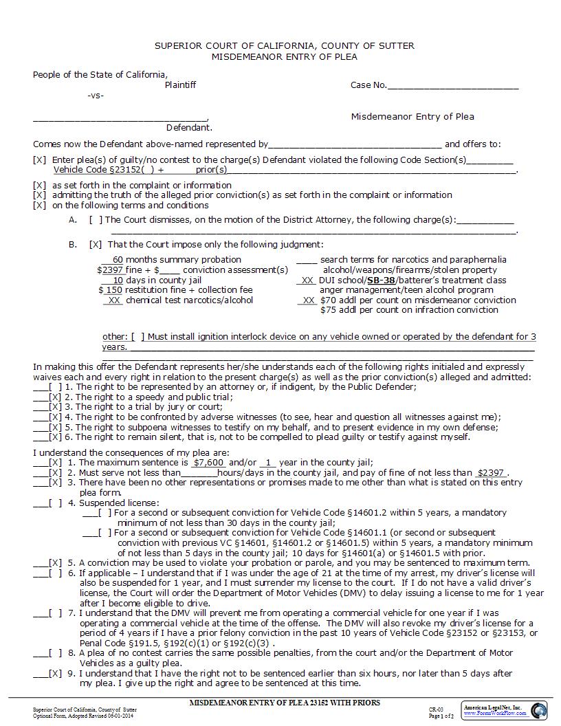 Misdemeanor Entry Of Plea (With Priors 23152 VC) {CR-03} | Pdf Fpdf Docx | California