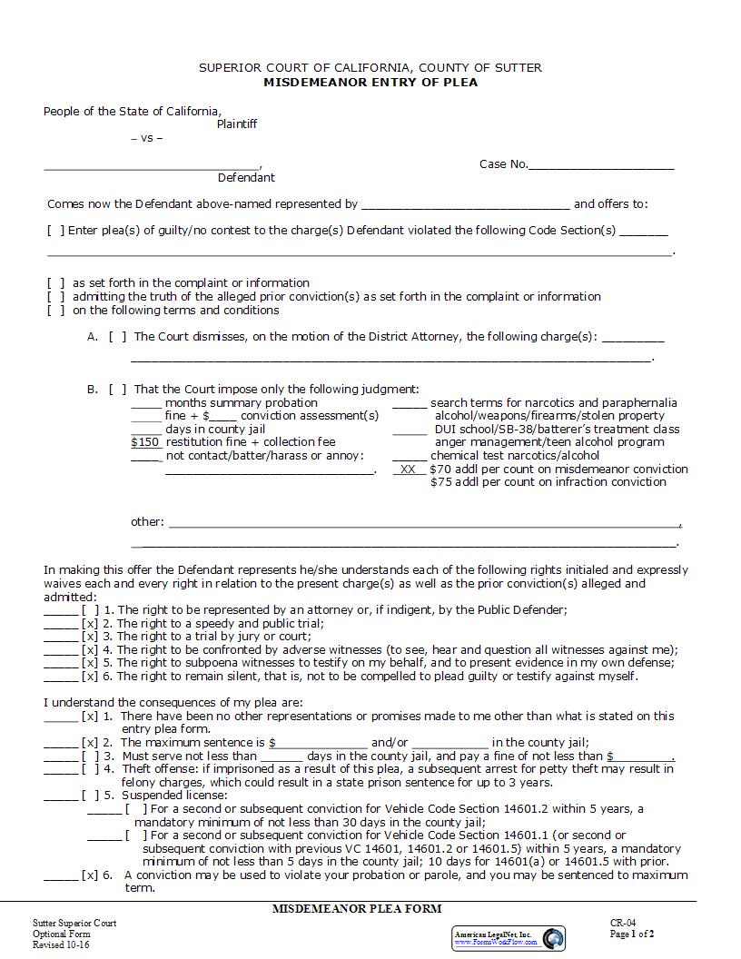 Misdemeanor Entry Of Plea (With Priors-Blank) {CR-04} | Pdf Fpdf Docx | California