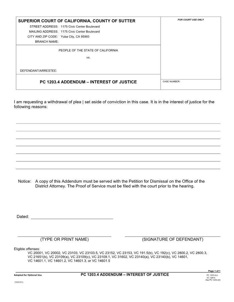 PC 1203.4 Addendum Interest Of Justice {CR-08} | Pdf Fpdf Docx | California