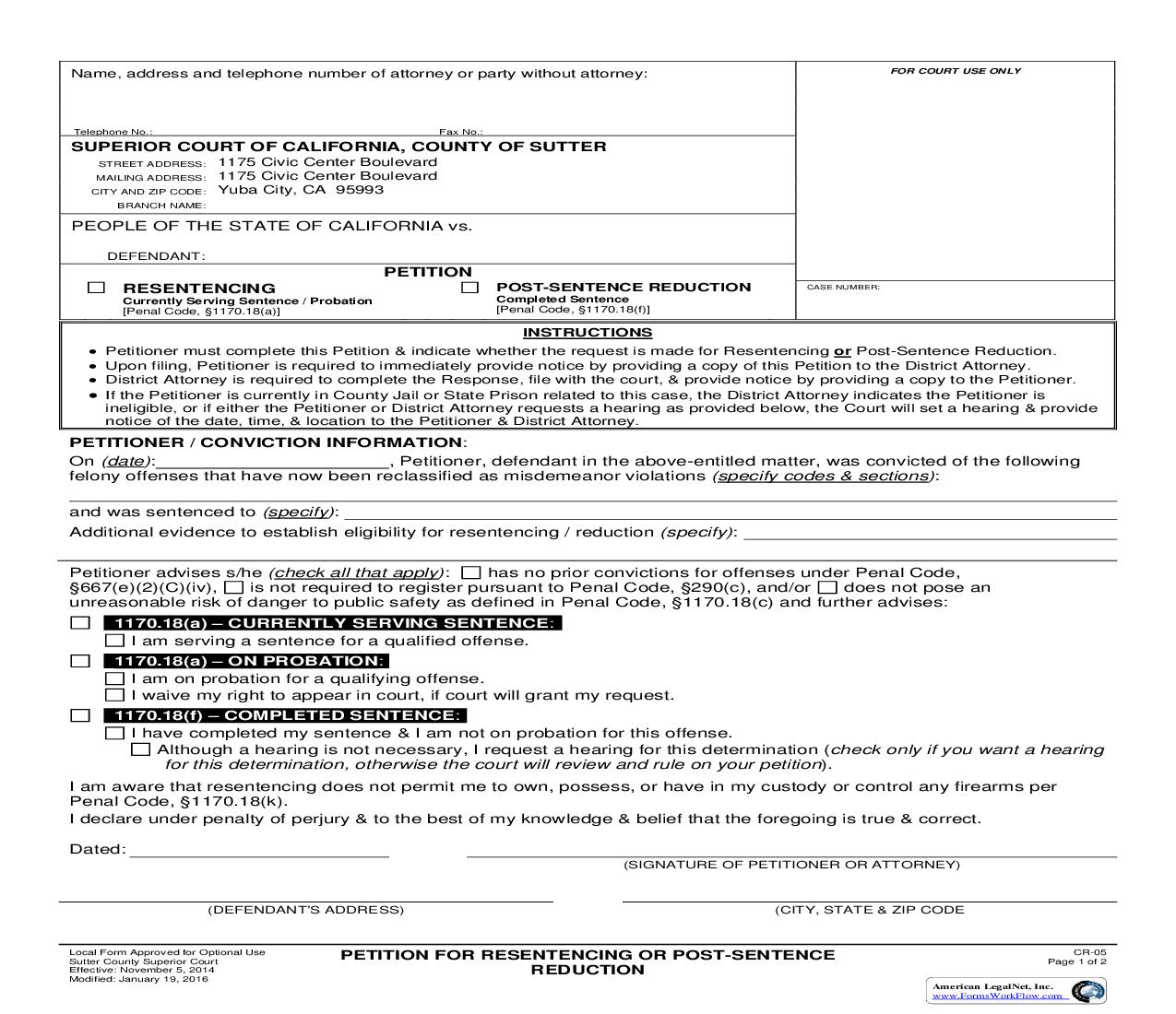 Prop 47 (Petition For Resentencing Or Post Sentence Reduction) {CR-05} | Pdf Fpdf Doc Docx | California
