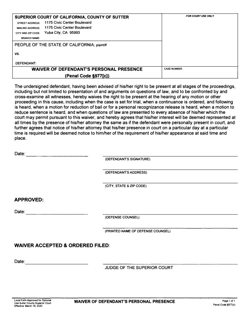 Waiver Of Defendants Personal Presence | Pdf Fpdf Docx | California