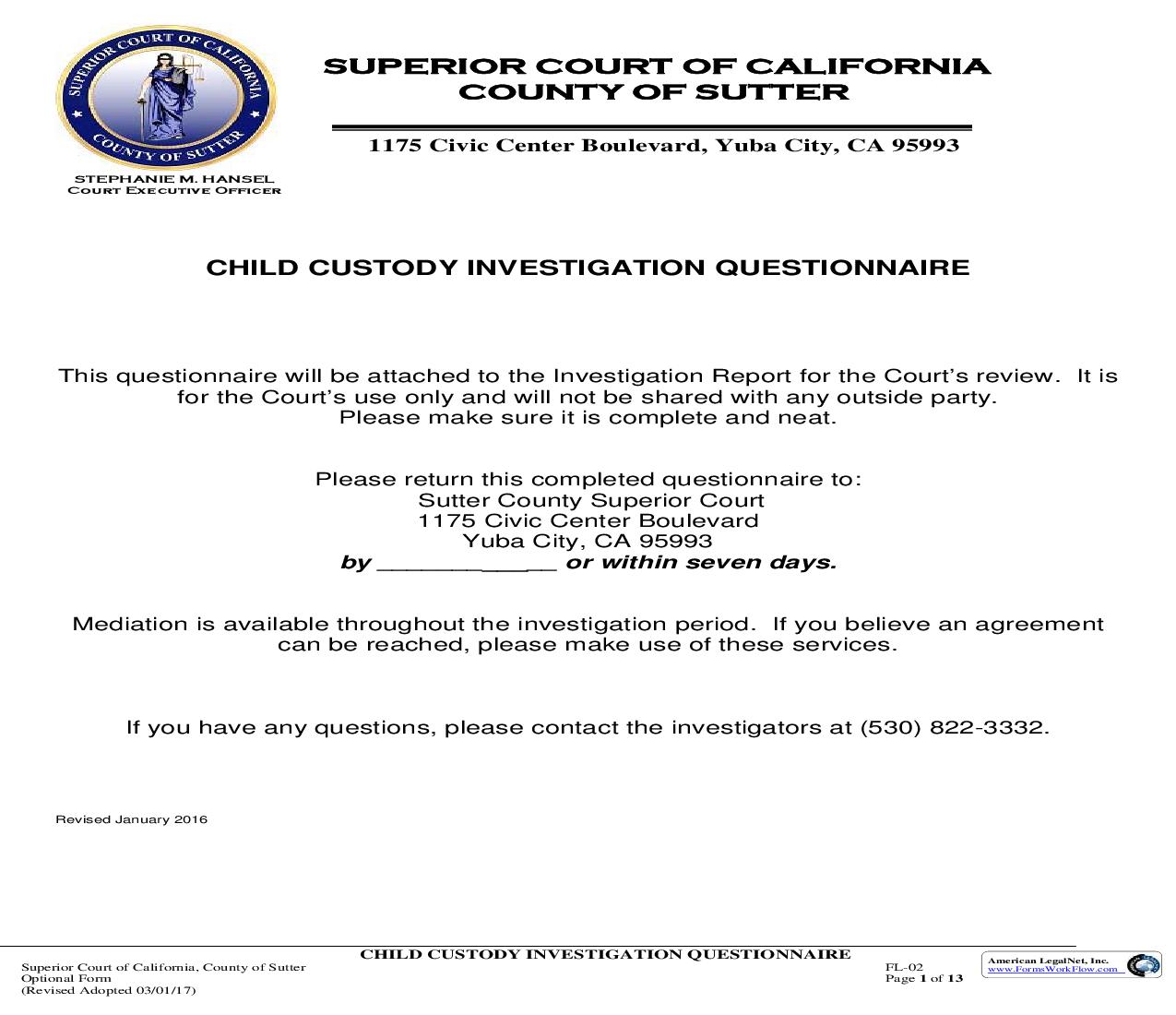 Child Custody Investigation Questionnaire {FL-02} | Pdf Fpdf Doc Docx | California