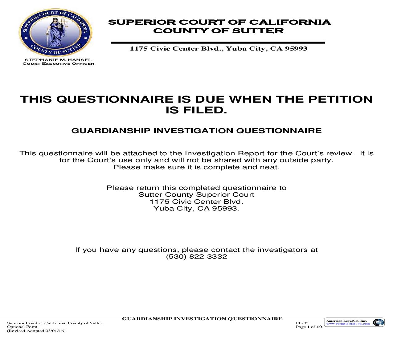 Guardianship Investigation Questionnaire {FL-05} | Pdf Fpdf Doc Docx | California