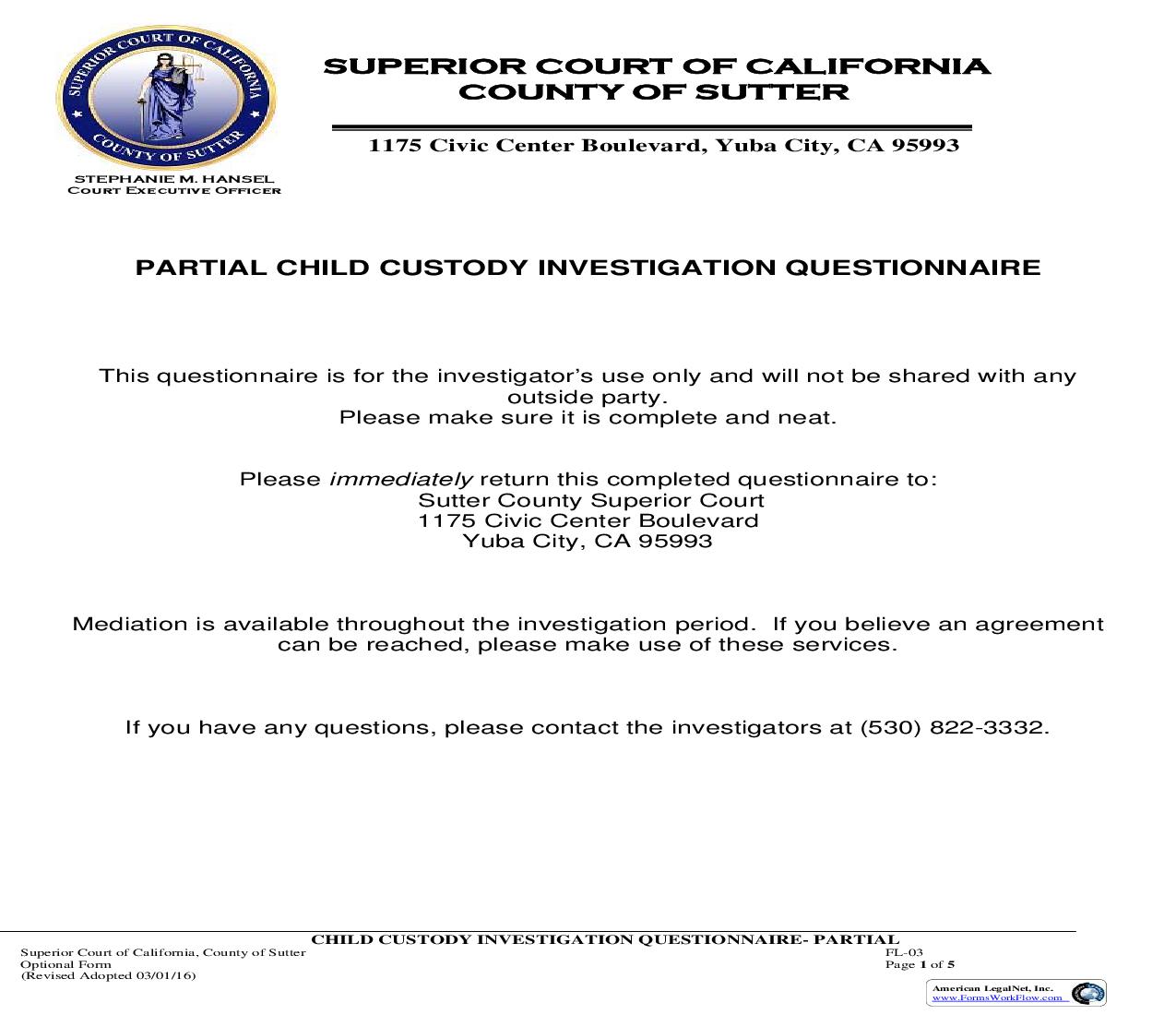 Partial Child Custody Investigation Questionnaire {FL-03} | Pdf Fpdf Doc Docx | California