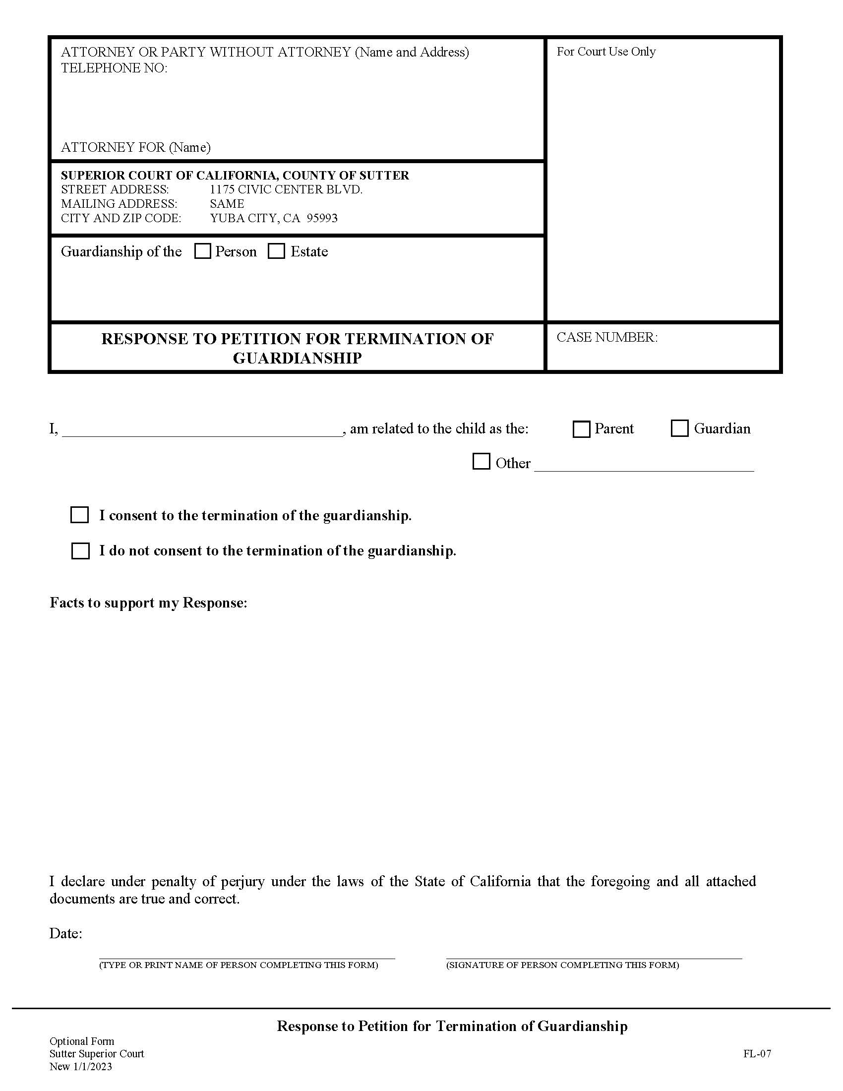 Response To Petition For Termination Of Guardianship {FL-07} | Pdf Fpdf Docx | California