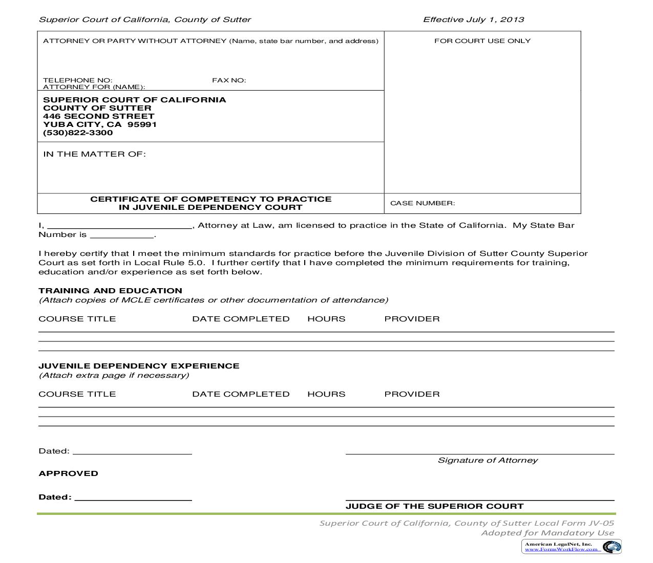Certificate Of Competency To Practice In Juvenile Dependency Court {JV-05} | Pdf Fpdf Doc Docx | California