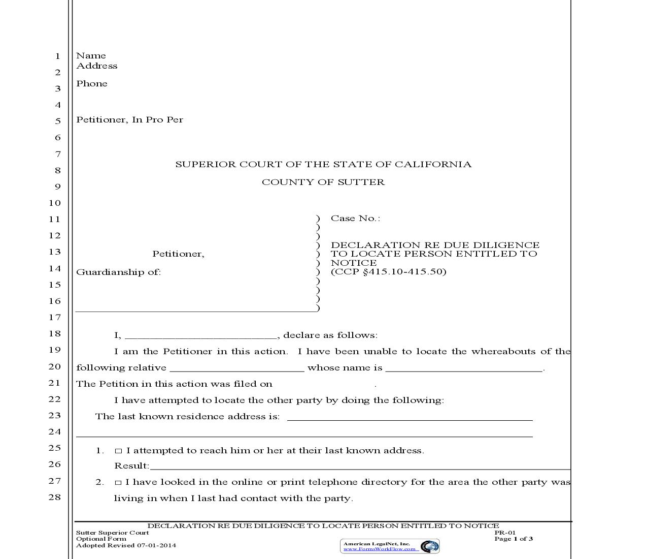 Declaration Re Due Diligence To Locate Person Entitled To Notice {PR-01} | Pdf Fpdf Doc Docx | California