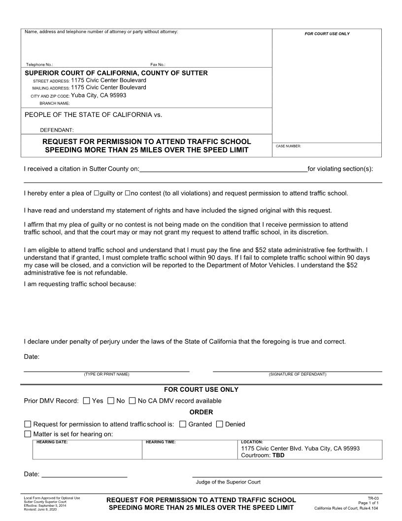 Request For Permission To Attend Traffic School Speeding {TR-03} | Pdf Fpdf Doc Docx | California