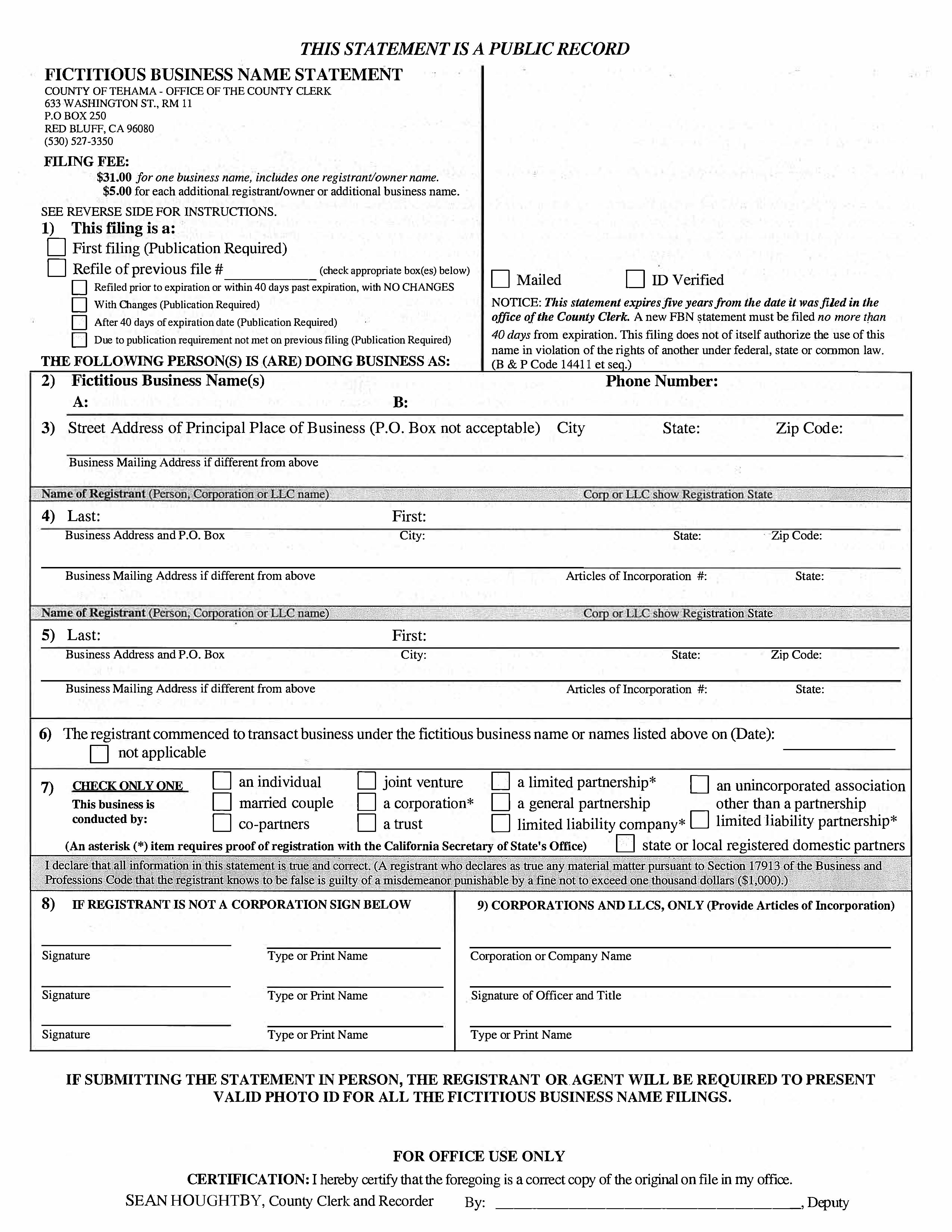 Fictitious Business Name Statement (Tehama) | Pdf Fpdf Doc Docx | California
