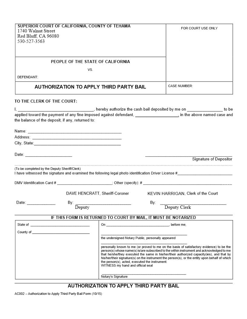 Authorization To Apply Third Party Bail {AC002} | Pdf Fpdf Doc Docx | California