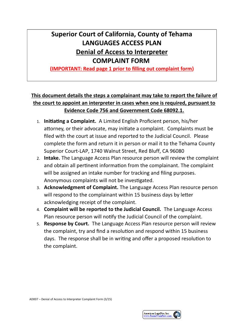 Denial Of Access To Interpreter Complaint Form {AD007} | Pdf Fpdf Docx | California