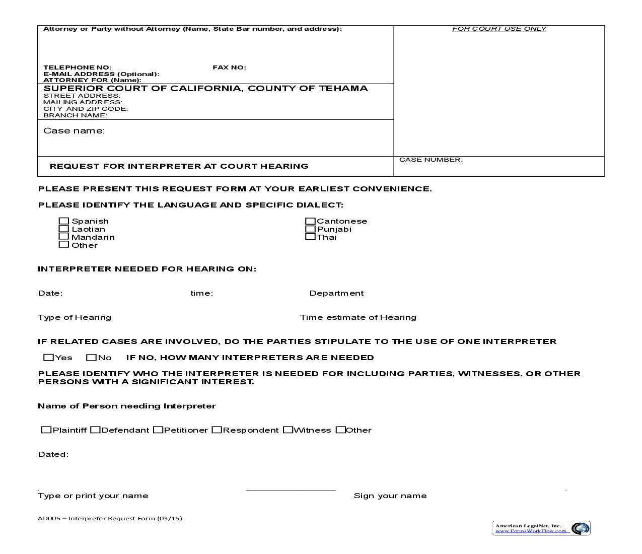 Interpreter Request Form {AD005} | Pdf Fpdf Doc Docx | California