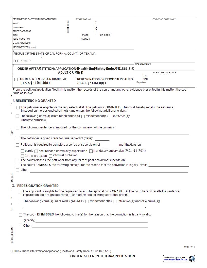 Order After Petition-Application (Prop 64) {CR003} | Pdf Fpdf Docx | California