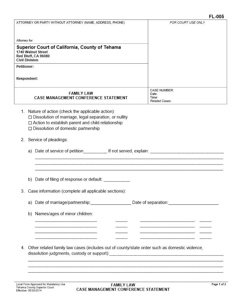 Family Law Case Management Conference Statement {FL-005} | Pdf Fpdf Docx | California