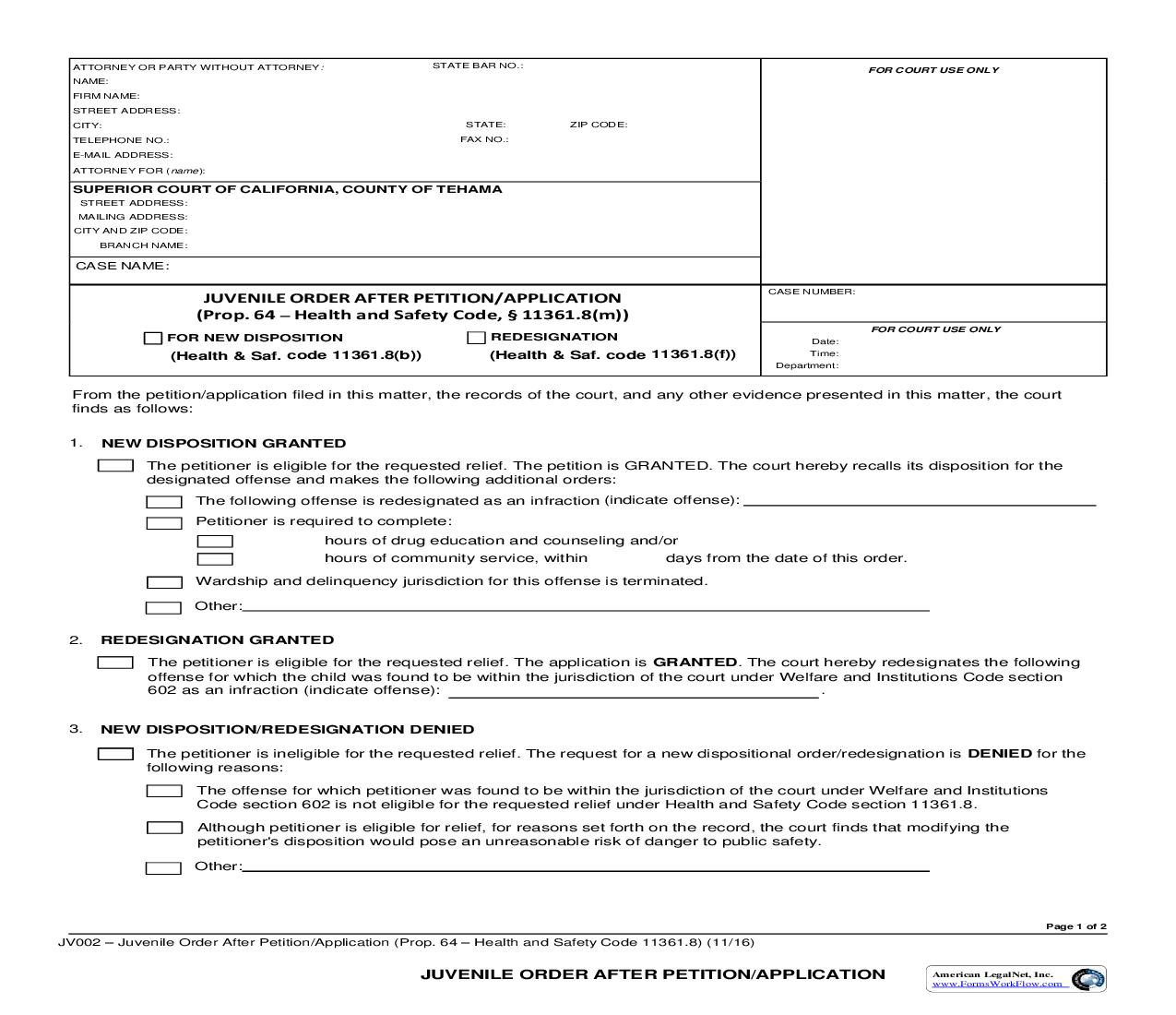 Juvenile Order After Petition-Application (Prop 64) {JV002} | Pdf Fpdf Doc Docx | California