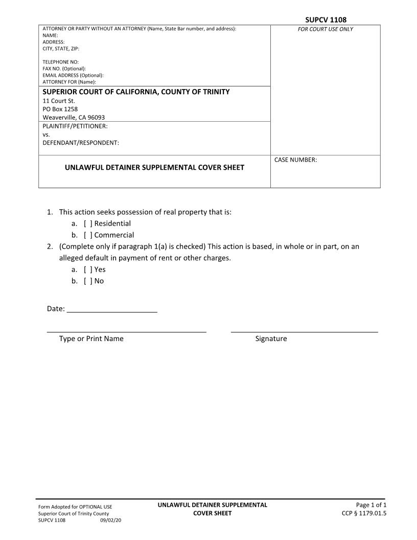 Unlawful Detainer Supplemental Cover Sheet {SUPCV 1108} | Pdf Fpdf Docx | California