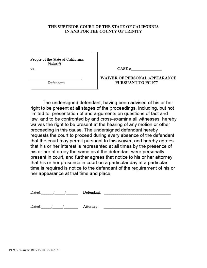 977 Waiver Of Personal Appearance | Pdf Fpdf Docx | California