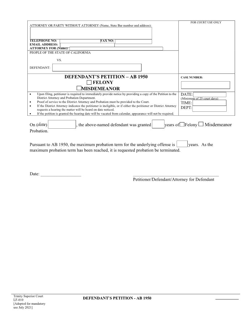 AB 1950 Petition Defendant (Trinity) {LF-010} | Pdf Fpdf Docx | California