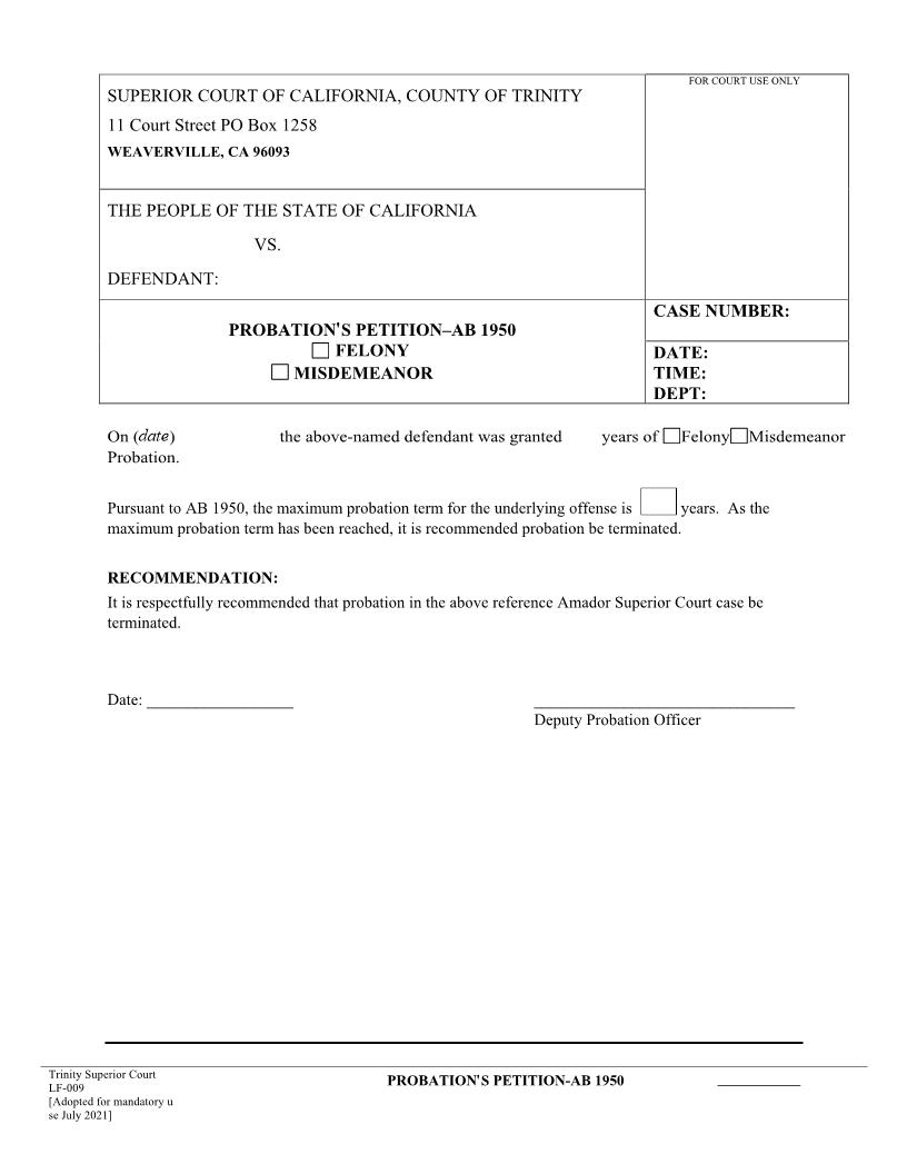 AB 1950 Petition-Probation (Trinity) {LF-009} | Pdf Fpdf Docx | California