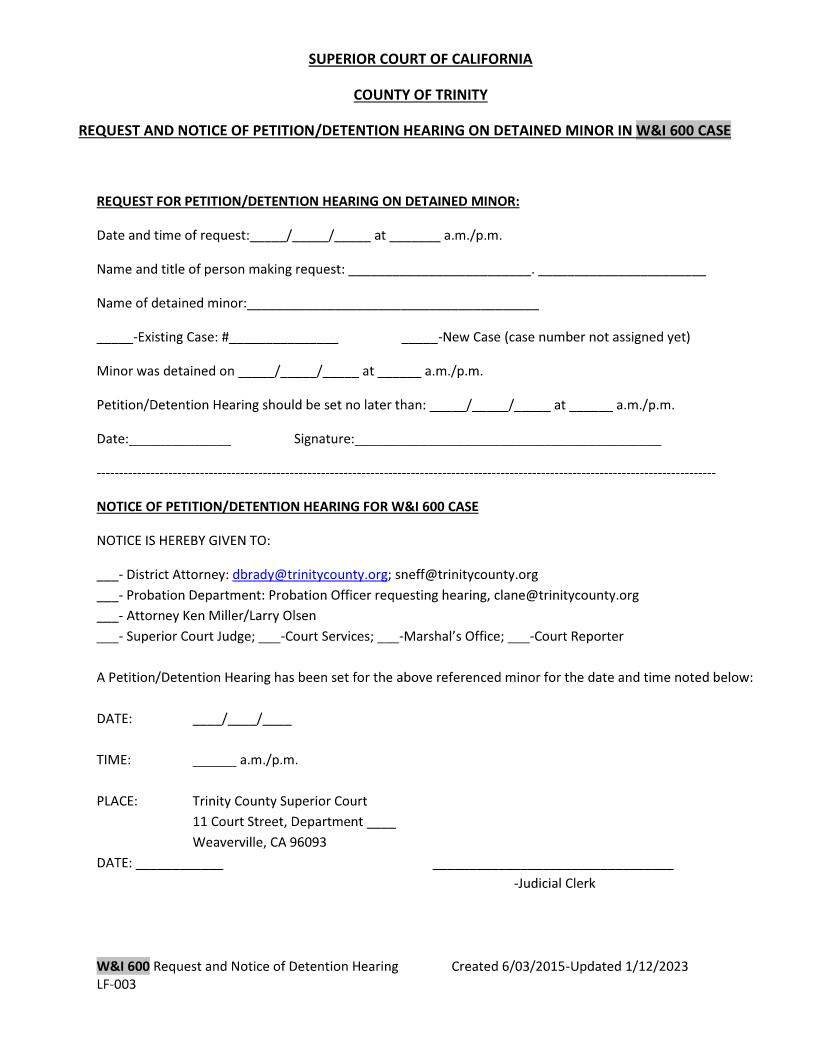 Delinquency Detention Request And Notice | Pdf Fpdf Docx | California