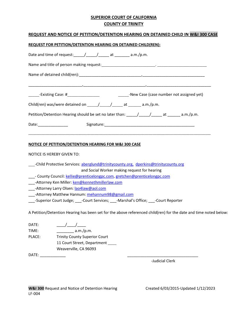Dependency Detention Request And Notice | Pdf Fpdf Docx | California