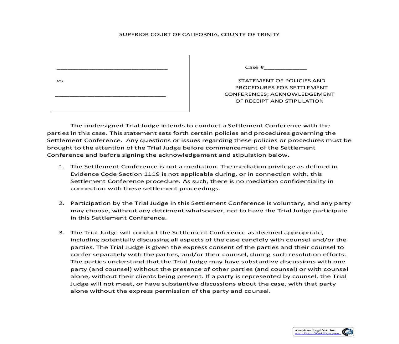 Statement Of Polilcies And Procedures For Settlement Conferences Acknowledgment Of Receipt | Pdf Fpdf Doc Docx | California