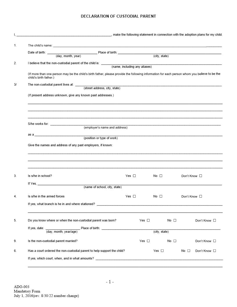 Declaration Of Custodial Parent {ADO-003} | Pdf Fpdf Docx | California
