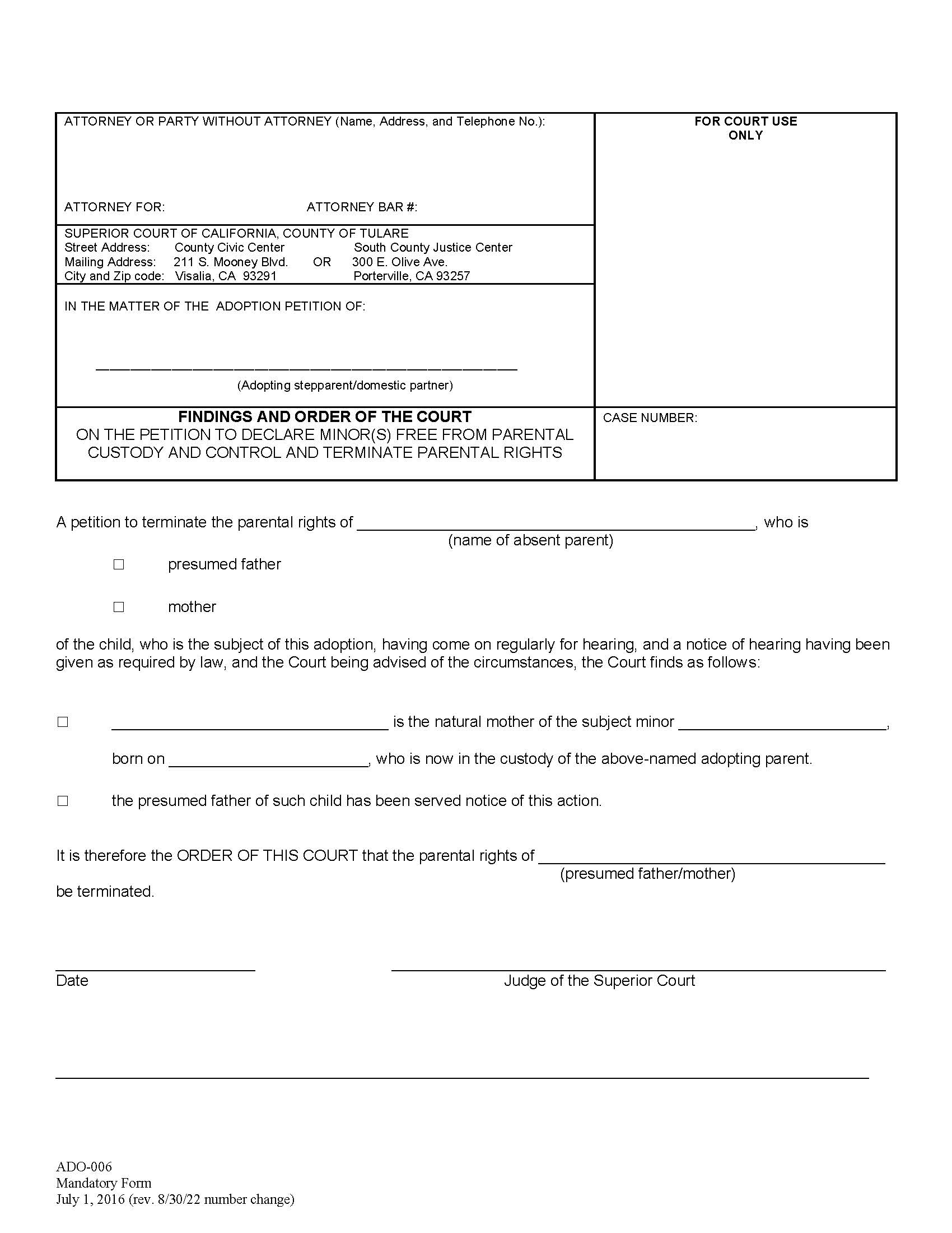 Findings And Order Of The Court On The Petition To Declare Minor(s) Free {ADO-006} | Pdf Fpdf Docx | California