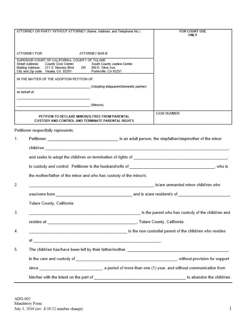 Petition To Declare Minor(s) Free From Parental Custody And Control {ADO-002} | Pdf Fpdf Docx | California