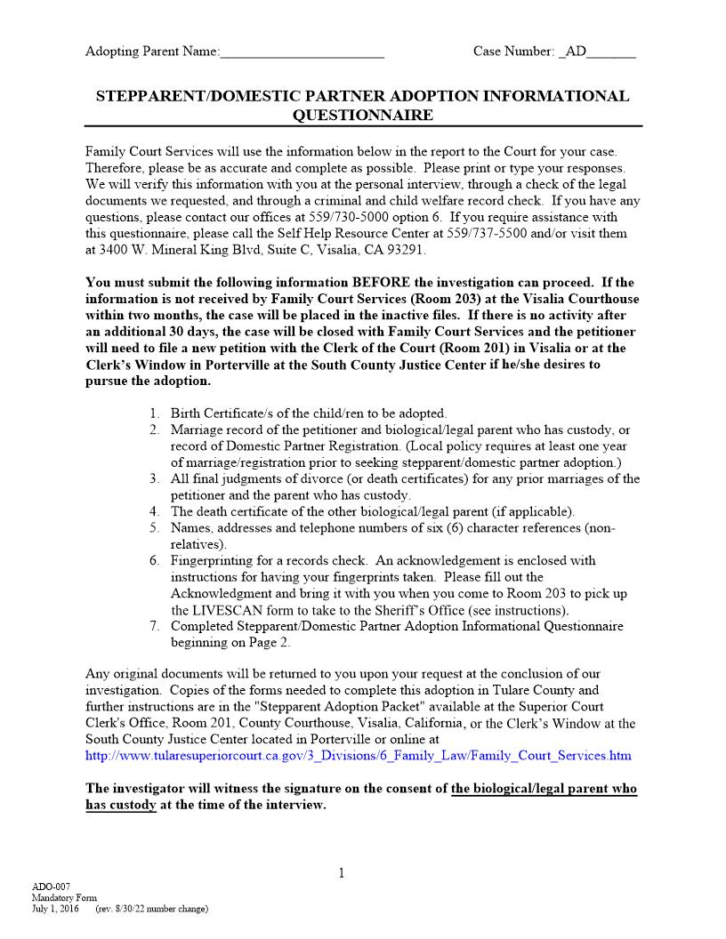 Stepparent Or Domestic Partner Adoption Information Questionnaire {ADO-007} | Pdf Fpdf Docx | California