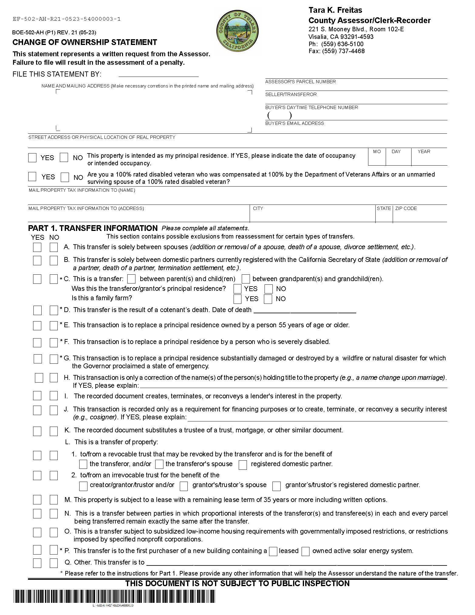 Change In Ownership Statement (Tulare) {BOE-502-AH} | Pdf Fpdf Docx | California