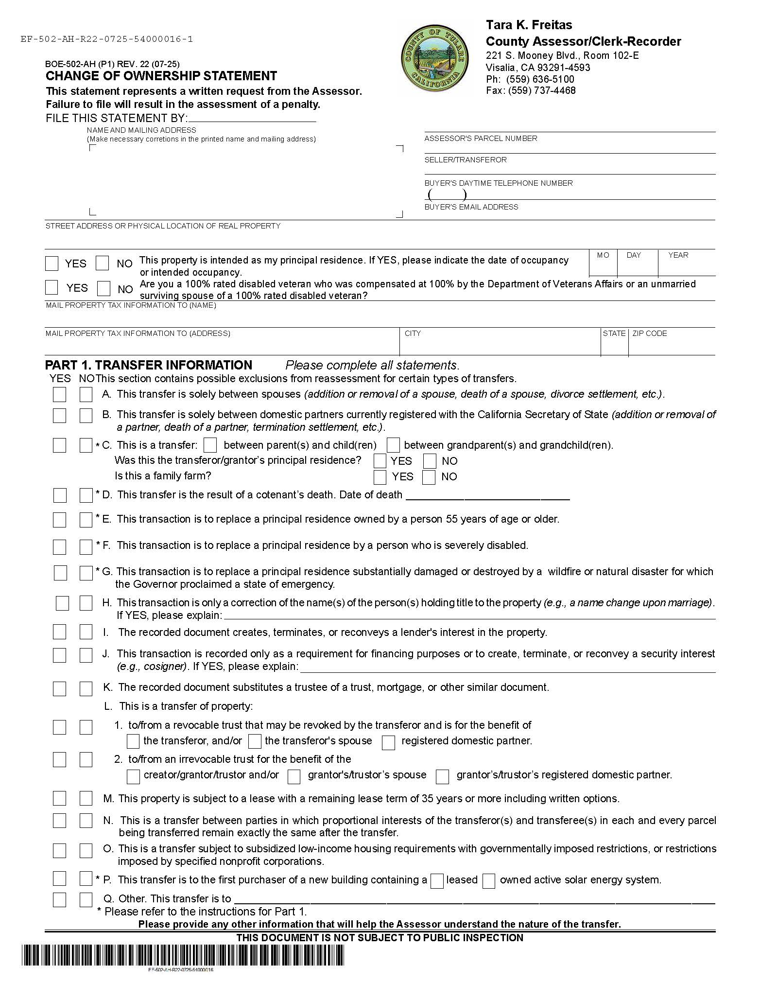 Change In Ownership Statement (Tulare) {BOE-502-AH} | Pdf Fpdf Docx | California