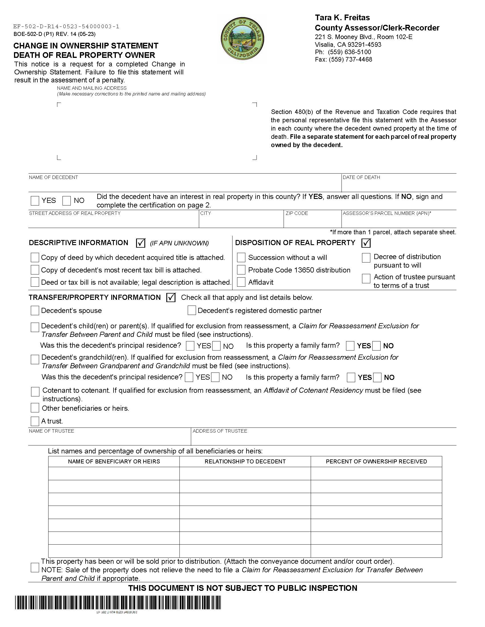 Change In Ownership Statement Death Of Real Property Owner (Tulare) {BOE-502-D} | Pdf Fpdf Docx | California