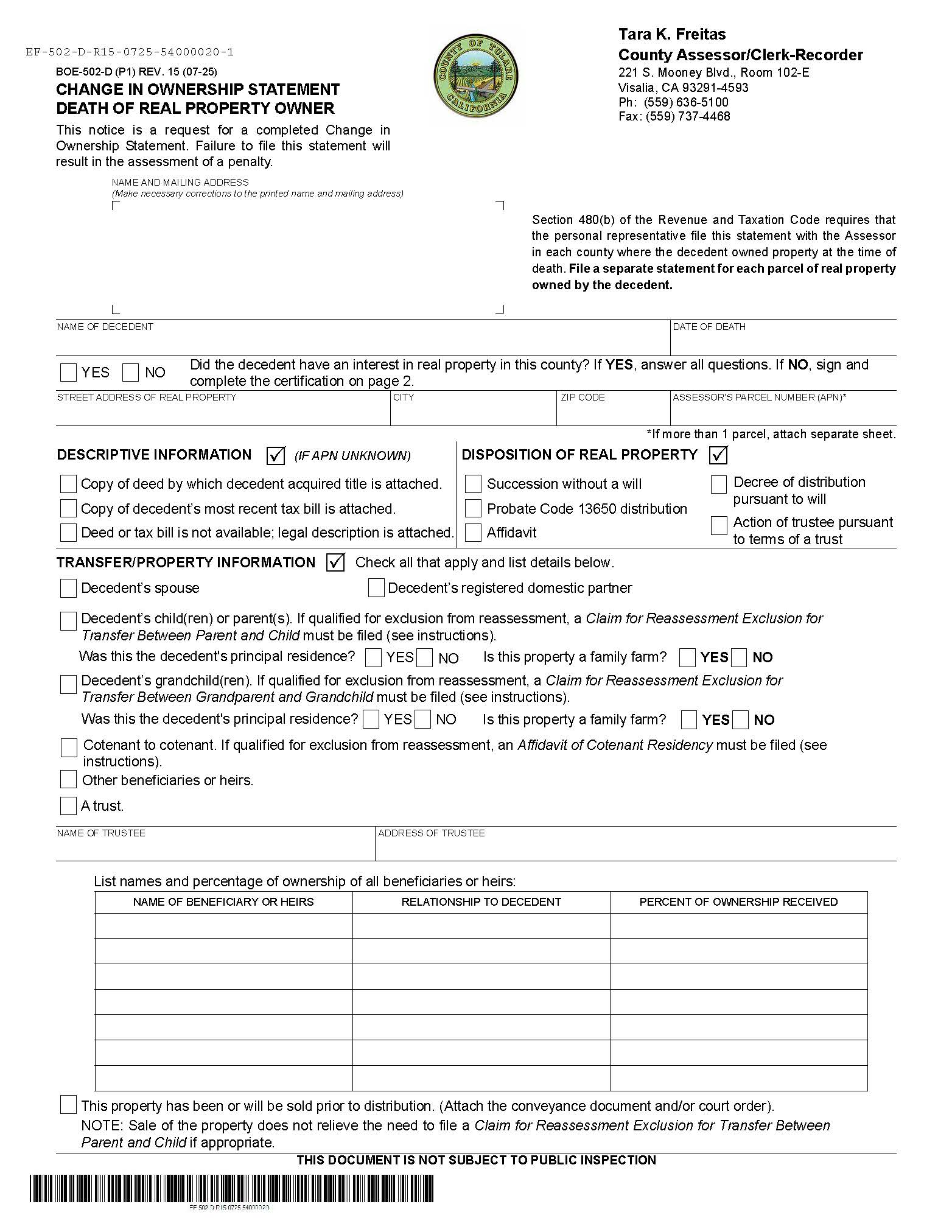 Change In Ownership Statement Death Of Real Property Owner (Tulare) {BOE-502-D} | Pdf Fpdf Docx | California