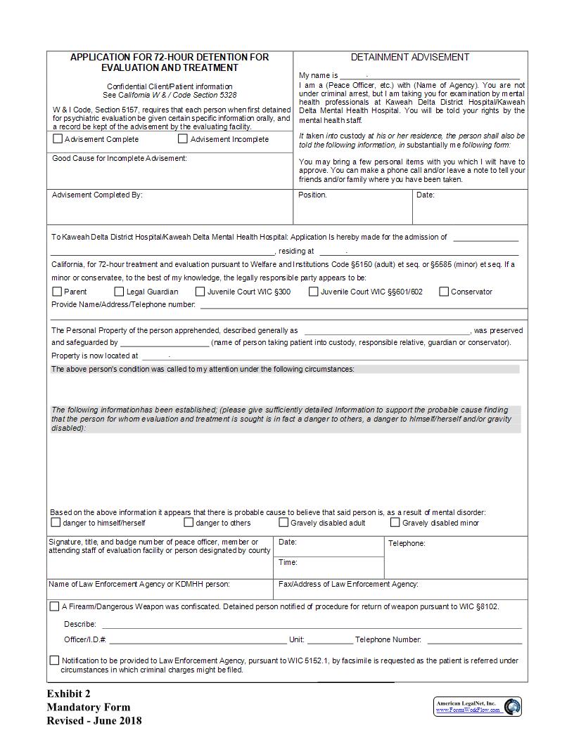Application For 72 Hour Detention For Evaluation And Treatment | Pdf Fpdf Docx | California