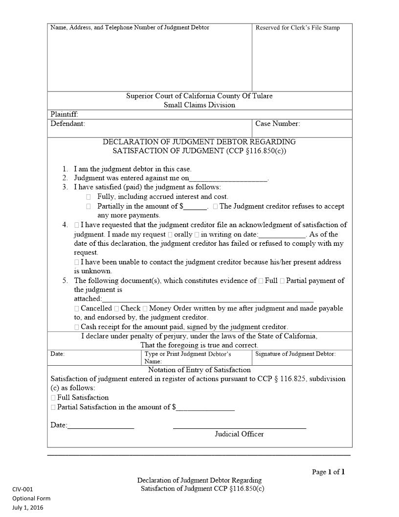 Declaration Of Judgment Debtor Regarding Satisfaction Of Judgment (Small Claims) {CIV-001} | Pdf Fpdf Docx | California