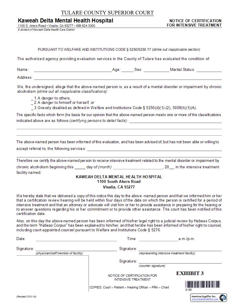 Notice Of Certification For Intensive Treatment | Pdf Fpdf Docx | California