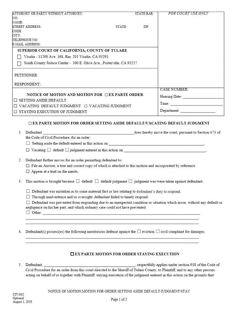 Notice Of Motion-Motion For Order Setting Aside Default-Judgment-Stay {CIV-002} | Pdf Fpdf Docx | California