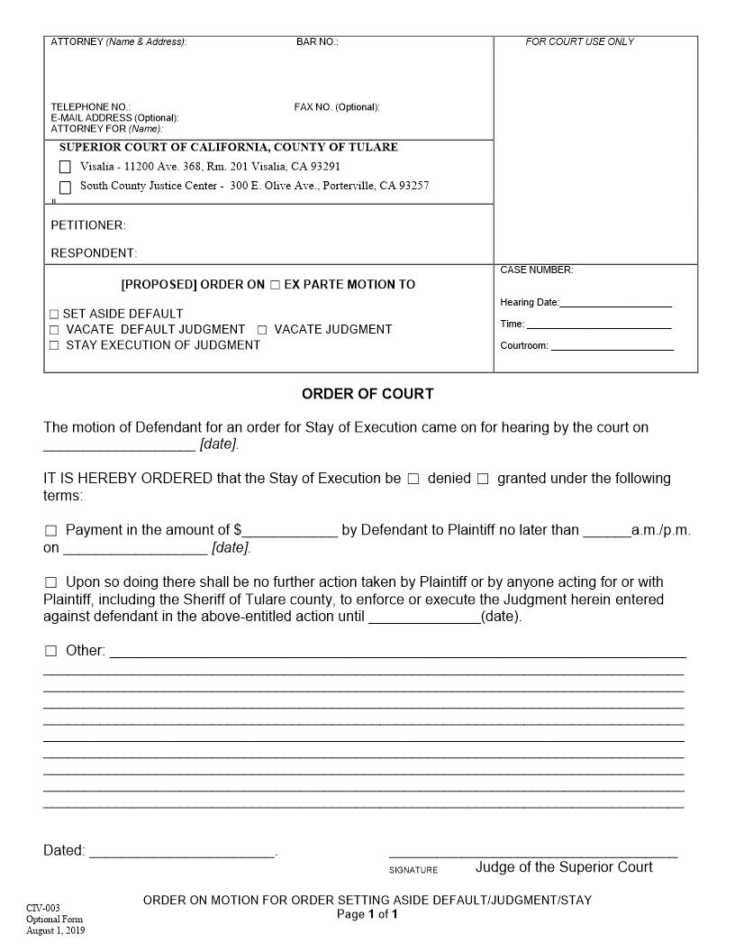 Order On Motion For Order Setting Aside Default-Judgment-Stay {CIV-003} | Pdf Fpdf Docx | California