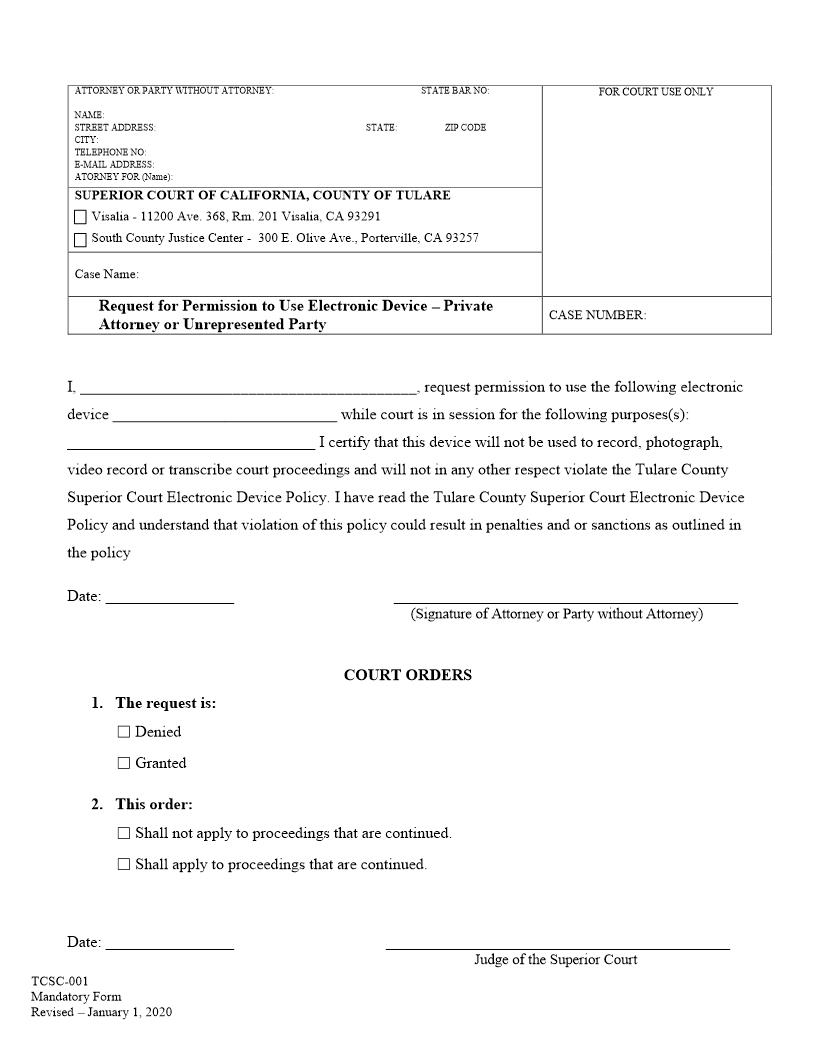 Request For Permission To Use Electronic Device {TCSC-001} | Pdf Fpdf Docx | California