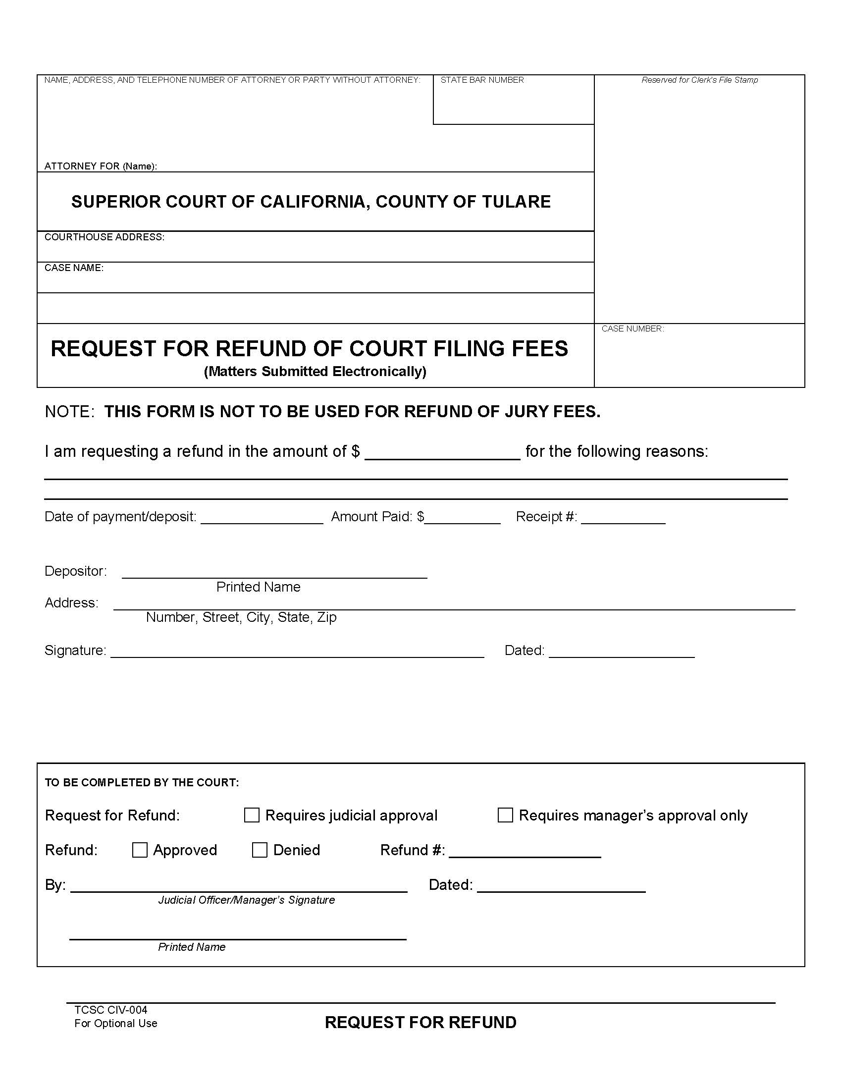 Request For Refund Of Filing Fees {CIV-004} | Pdf Fpdf Docx | California